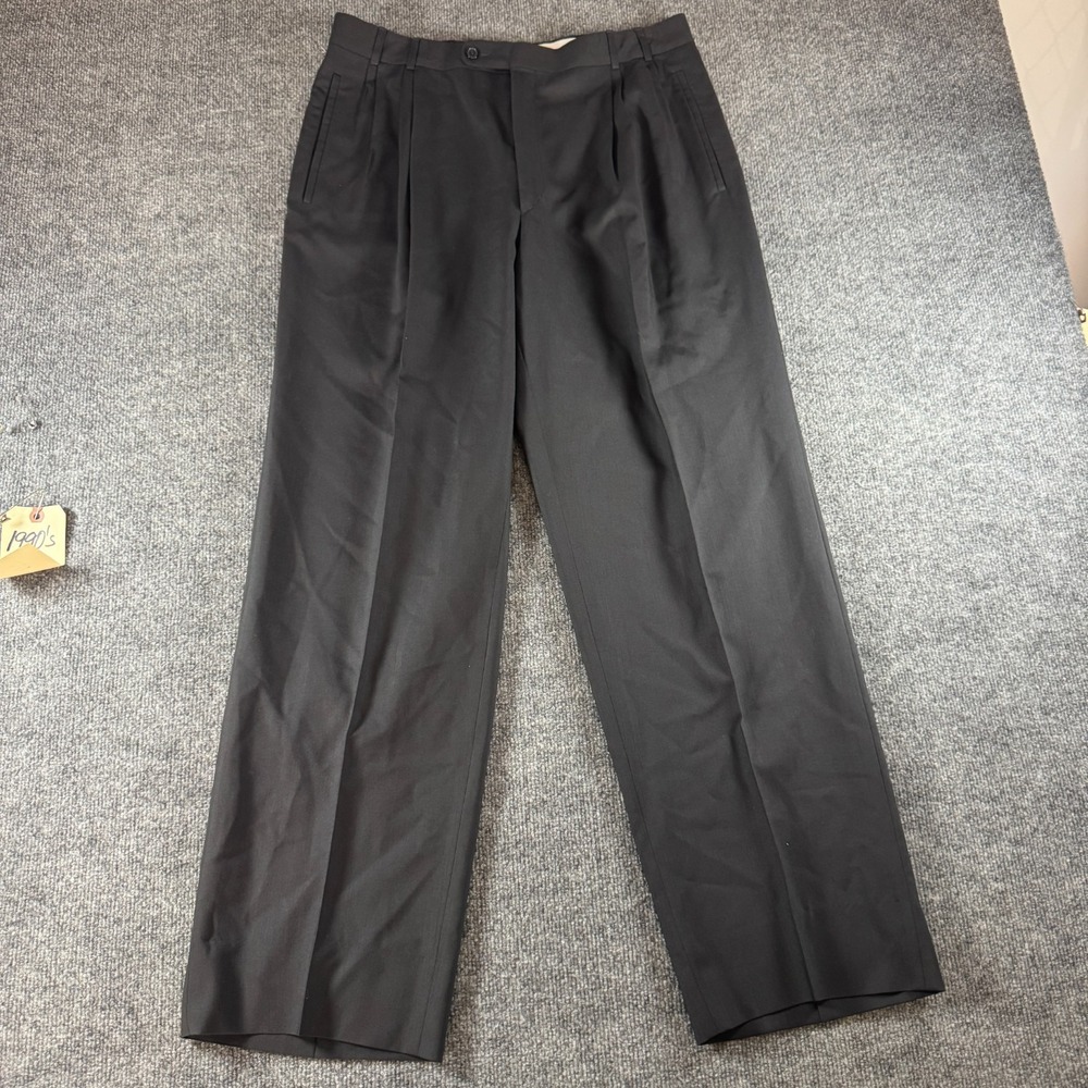 Vtg Zinotto Dress Pants Mens 34x31 Black Pure Wool Pleated Slash Pocket Formal
